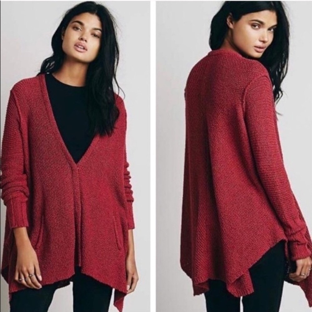Free People Red Handkerchief Hem Longline Cardigan Open Knit Sweater Small